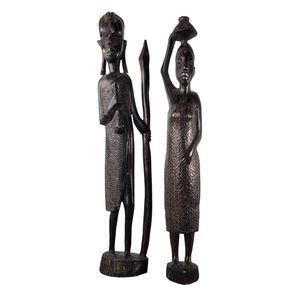 VINTAGE African Carved Ebony Statues 13" Warrior & Village Woman Tribal Folkart